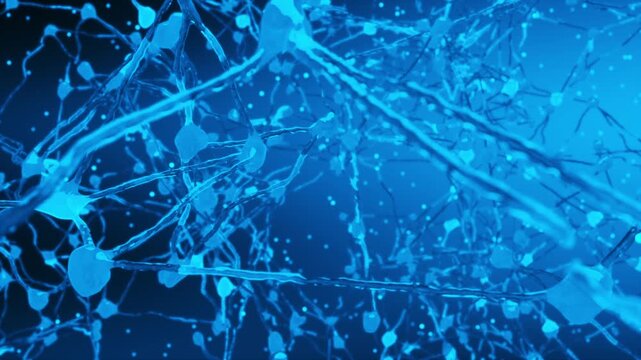 Blue tech neural network, a dense network of translucent blue neurons and synapses forms a complex neural pathway against a dark blue background, representing brain activity and neural connections.