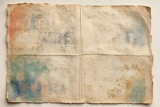 Vintage Folded Aged Paper Sheet Texture with Watercolor Stains and Deckled Edges