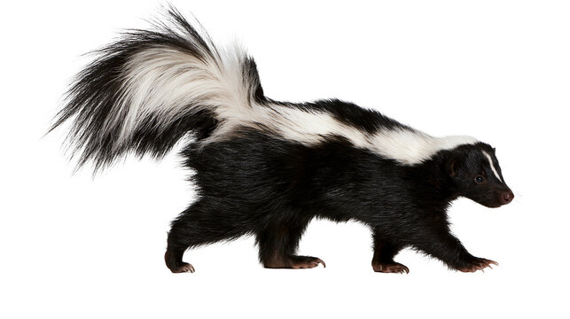 Striped skunk walking with bushy tail raised