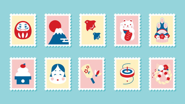 vector illustration of a set of cute Japanese new year traditional lucky charm postage stamps