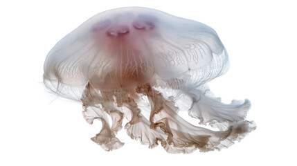 Translucent white jellyfish with delicate flowing tentacles and purple markings © Motruc