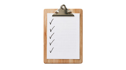 Wooden clipboard with lined paper sheet and multiple black checkmarks © Motruc