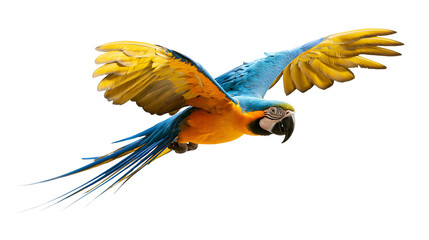 Blue and yellow macaw parrot flying with wings spread wide © Motruc