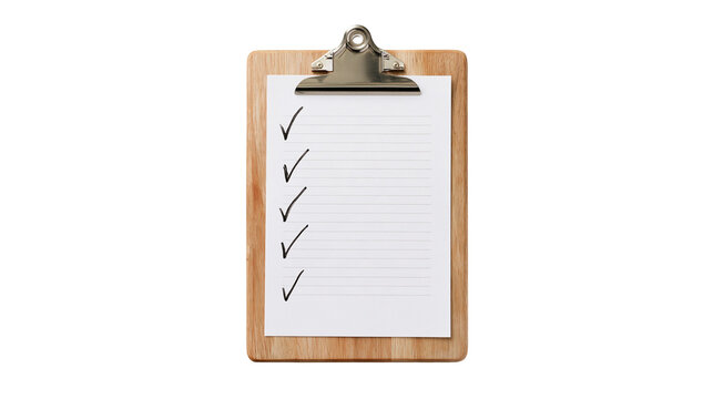 Wooden clipboard with lined paper sheet and multiple black checkmarks