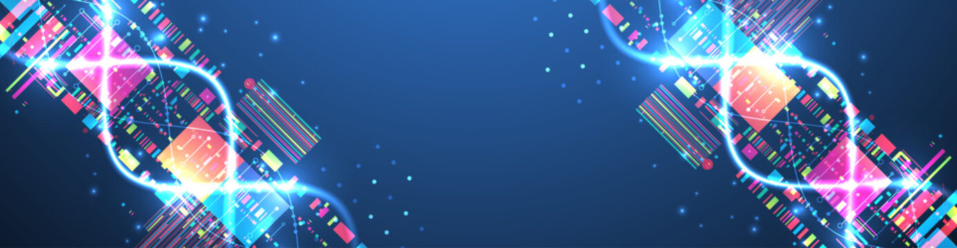 Futuristic digital DNA background with neon molecule structure. Vector