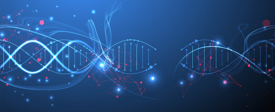 Futuristic biotechnology background with a glowing neon DNA. Vector