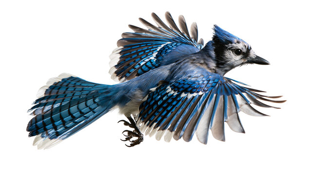 Blue jay bird in flight with spread wings and detailed plumage