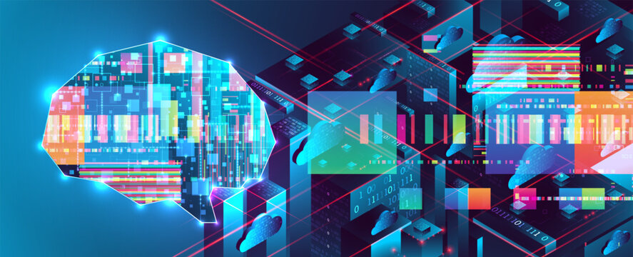 Futuristic AI brain and data center isometric.