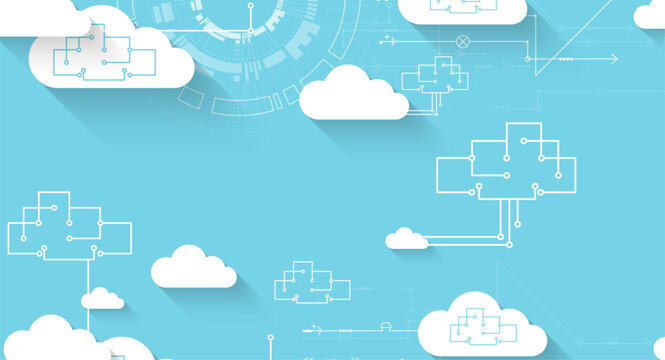 Cloud computing and data storage network concept with abstract circuit diagrams. Vector illustration