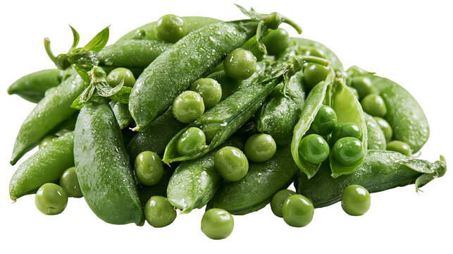 Fresh green pea pods with water droplets and open shells showing round seeds