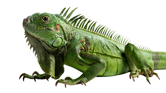 Vibrant green iguana lizard with spiky dorsal crest and textured scaly skin