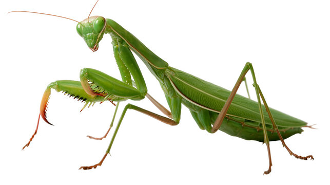Bright green praying mantis insect with long legs and sharp raptorial forelegs