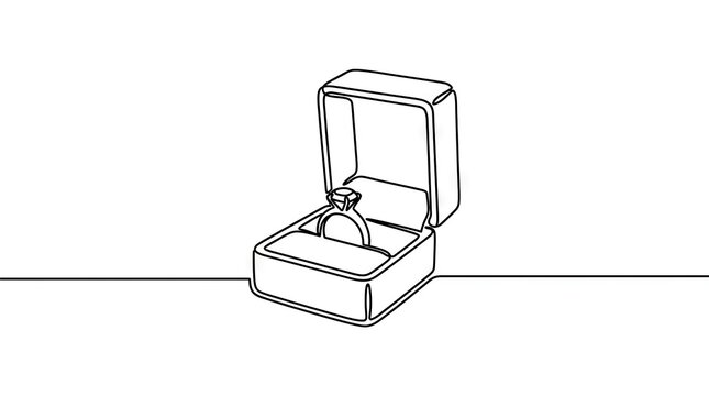 Continuous line drawing of diamond ring in velvet box.