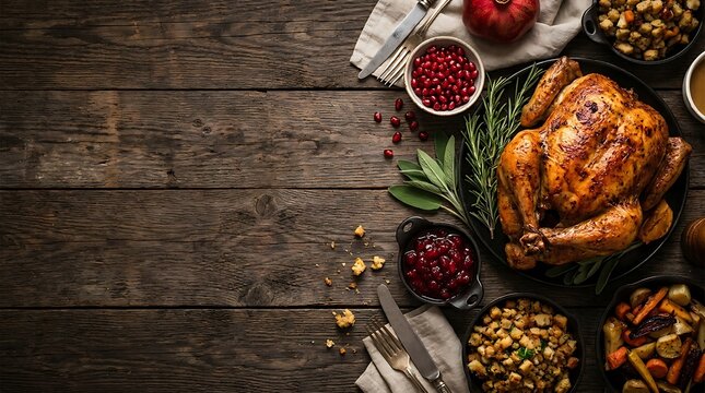 Roasted turkey with side dishes on rustic wooden table background for thanksgiving or christmas holiday dinner celebration