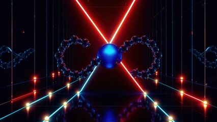 Fototapeta premium Abstract digital art. Glowing lines intersect sphere, creating infinity symbol. Dark background enhances vibrant colors, futuristic aesthetic.