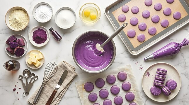 Flat lay of ingredients and tools for making purple ube macarons