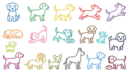 Obraz premium Collection of stylized cartoon dog illustrations in various poses and colors.