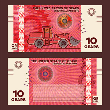 Vector obverse and reverse of techno style banknote. Guilloche, mesh patterns. Red industrial note. Denomination, ten gears. 10. 3D gear. Heavy duty bucket loader. Discount flyer or game money