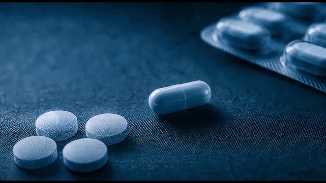 暗いテクスチャ上に並ぶ錠剤とカプセルの静物映像