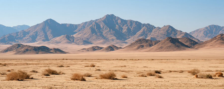 Window wide empty desert plain with distant rocky mountain landscape and dry shrub