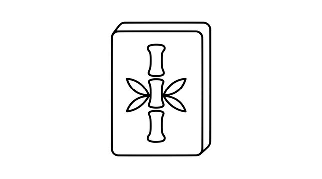 Black outline vector icon of a mahjong tile with stacked face showing three bamboo segments and four leaf shapes drawn with bold lines in vertical centred composition reflecting playful tradition