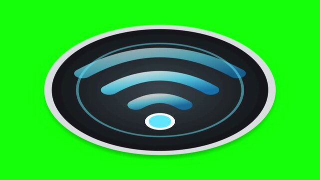 Glowing blue wifi symbol icon moving dynamically on bright green screen background video clip