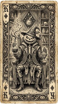 Vintage Illustration of King Skeleton Alchemist Halloween Card