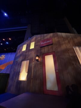Vista, California, United States, September 19, 2026 - Low angle view of Tim Hortons set facade for the musical Come From Away at Moonlight Amphitheatre.