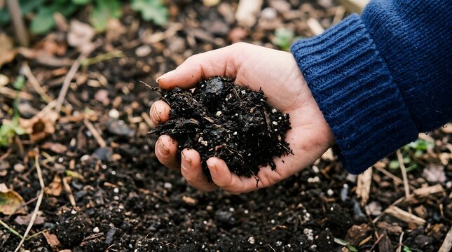 Person holding a handful of dark fertile soil in a garden for planting