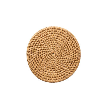 Round woven rattan wicker coaster mat isolated on transparent background