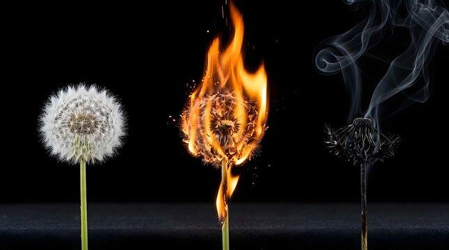 Dandelion flower life cycle showing growth burning and charred stages