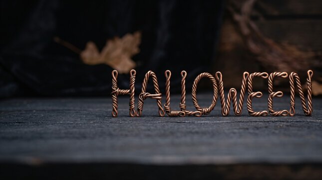 Handmade copper wire Halloween sign on dark rustic wooden surface