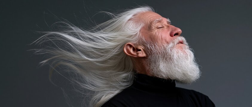 Elderly man with long white flowing hair and full beard in profile, eyes closed, wearing black turtleneck against dark background