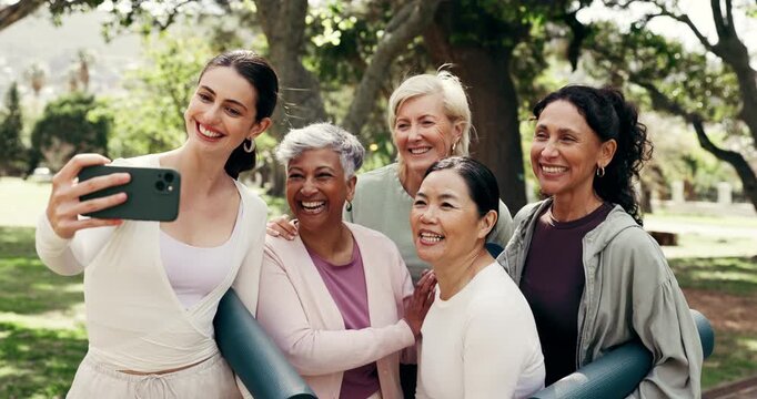 Happy, coach and yoga class outdoor with selfie, post exercise memory or social media upload. Mature women, yogi instructor and cool down photo for community fitness, profile picture and workout mat