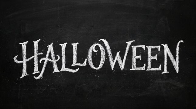 Handwritten Halloween text on a black chalkboard background