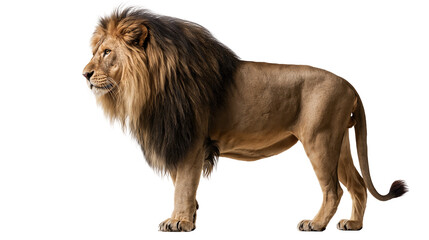 Majestic adult male lion with thick dark brown mane standing in profile © dominica