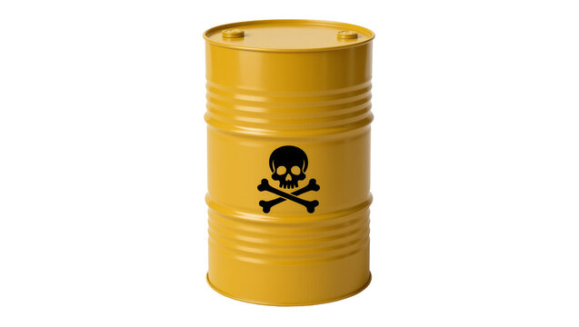 Yellow metal barrel with skull and crossbones symbol, isolated on transparent background