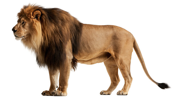 Majestic adult male lion with thick dark mane standing in profile