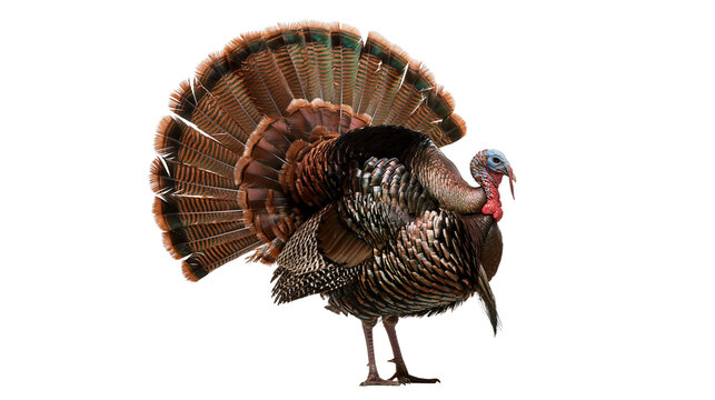 Male wild turkey with fanned tail feathers and colorful head