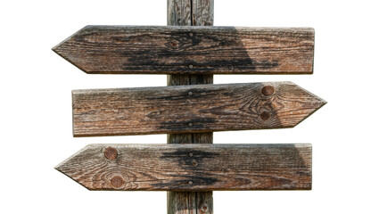 Rustic wooden directional signpost with three arrow-shaped planks, isolated on transparent background © JOSEPH