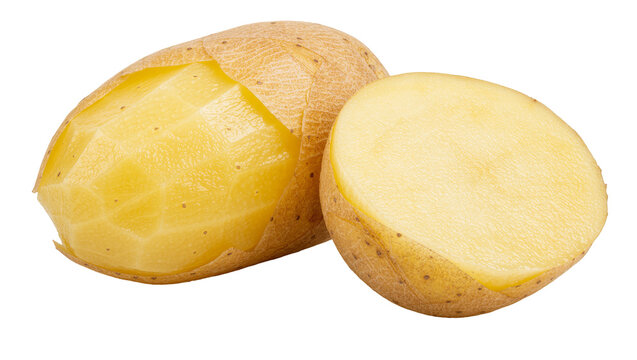 Whole partially peeled potato and half potato cut, isolated on transparent background