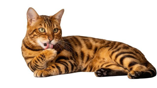 Bengal cat grooming its paw, isolated on transparent background