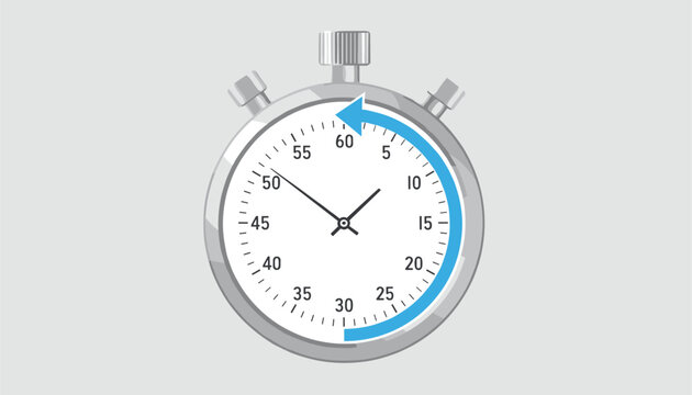 Analog stopwatch showing a blue circular arrow progress bar representing elapsed time on a solid light gray background.