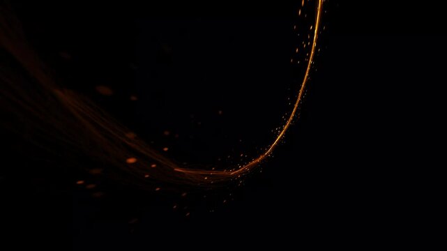 Golden energy light with glowing traces flying in abstract space forming a circle shape, an electric explosion of light symbolizing technological energy and digital power on black screen. 4k video