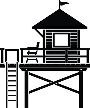 Lifeguard Tower Silhouette Vector Illustration - Coastal Rescue Station Icon for Beach Safety, Summer Vacation, Surfing Themes, and Ocean Surveillance Graphic Design Element