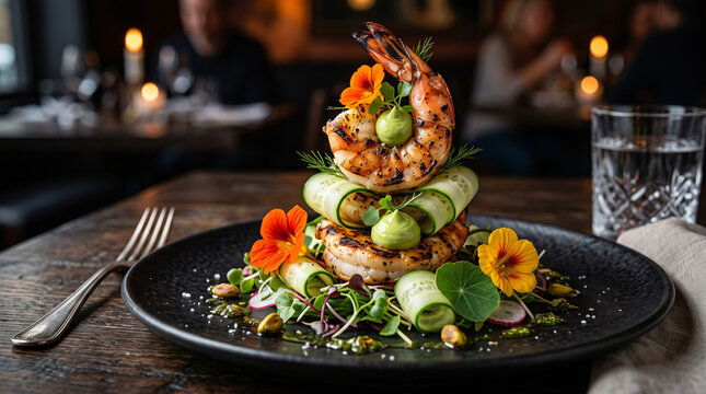 Architectural seafood salad with grilled prawns, cucumber ribbons, avocado mousse, and edible flowers on a black plate under moody restaurant lighting.