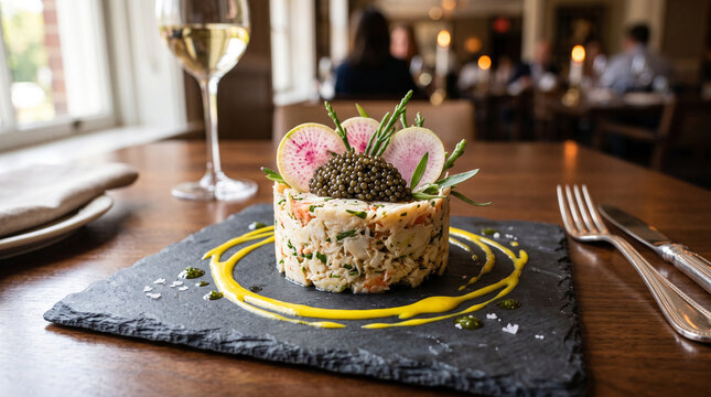 Luxury crab meat salad molded in a cylinder, topped with oscietra caviar, radish disks, and yuzu emulsion on a slate platter with warm lighting.
