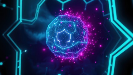 Fototapeta premium Futuristic glowing sphere, polygonal design. Bright neon lines create abstract tunnel effect. Dark background enhances vibrant colors.