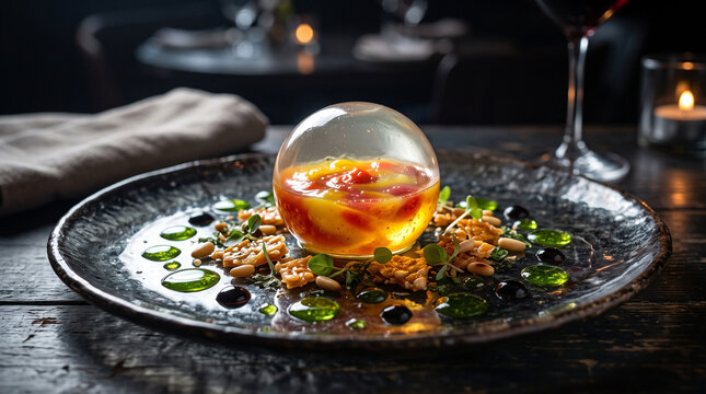 Commercial stock photo of a warm upscale duck confit salad, featuring tender sliced duck breast, fresh caramelized mission figs, wild arugula, candied walnuts, goat cheese medallions.