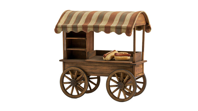 Vintage wooden hot dog cart with striped fabric canopy and wheels